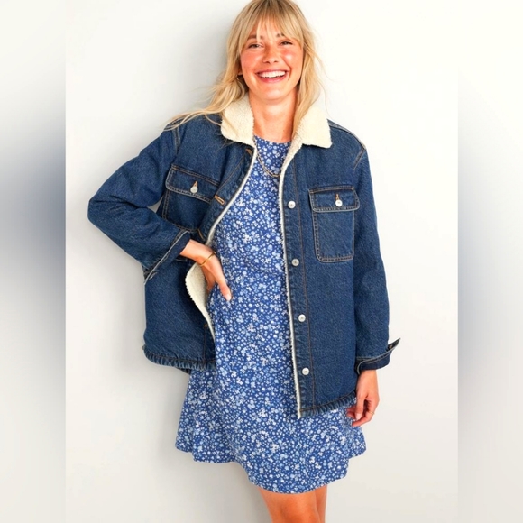 Jackets & Blazers - Old Navy Women's Sherpa Blue Denim Coat Jacket Size L Tall